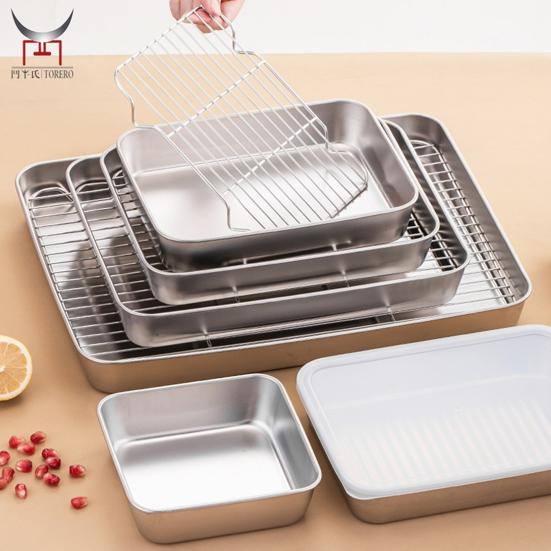 Stainless Steel turkey baking tray sets rectangle with rack deep roaster pan roasting tray storage dish for cake pizza making