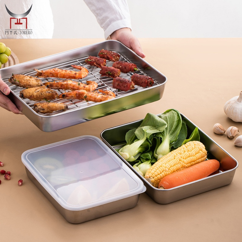 Stainless Steel turkey baking tray sets rectangle with rack deep roaster pan roasting tray storage dish for cake pizza making