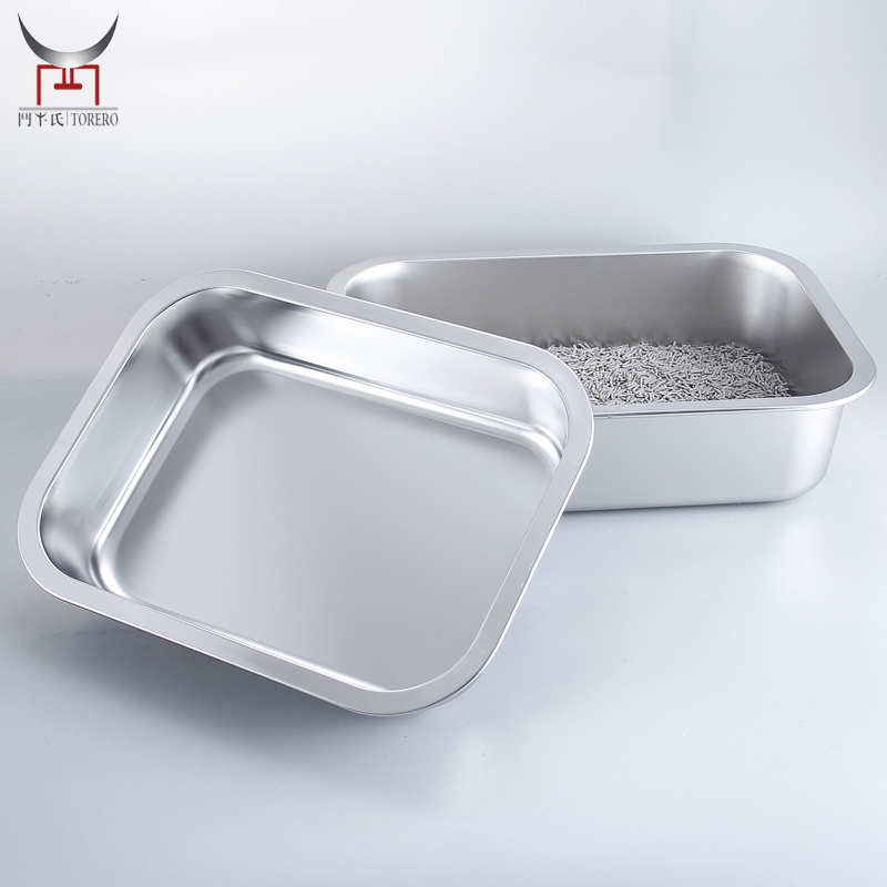 Stainless steel litter box for cat and rabbit with non slip rubber feet metal cat toilet box thickened cat sand box