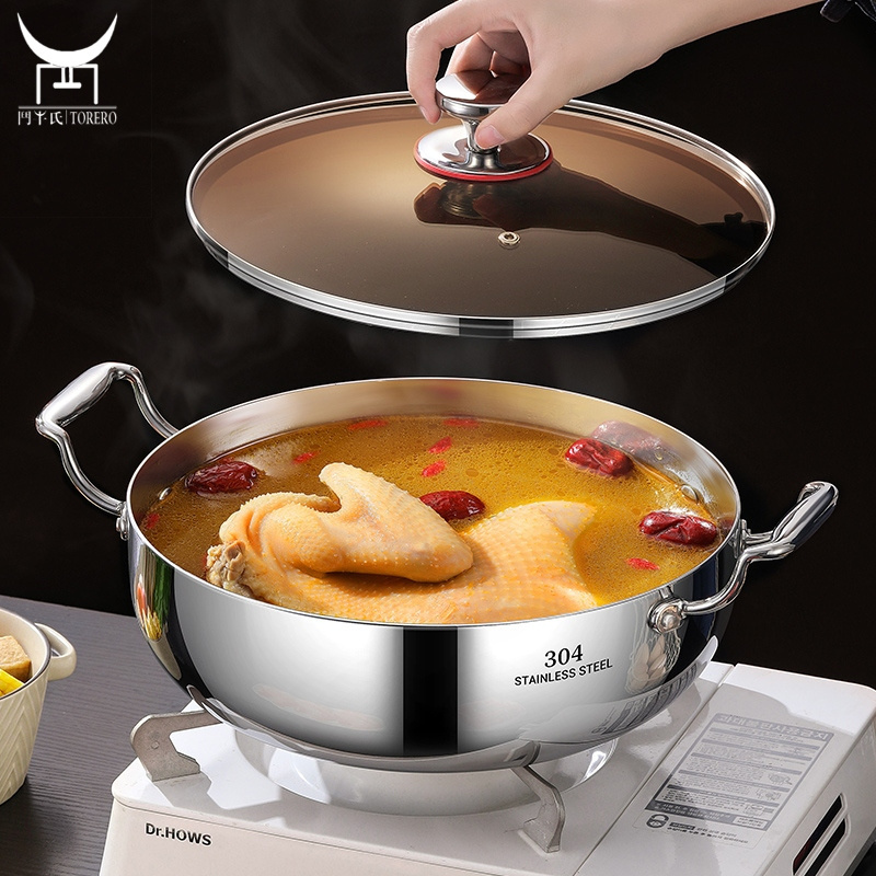 Stainless Steel Soup Pot Multifunctional Household Stock Cooking Pot With Handle Glass Cover For Stew Soup Kitchen Hot Pot