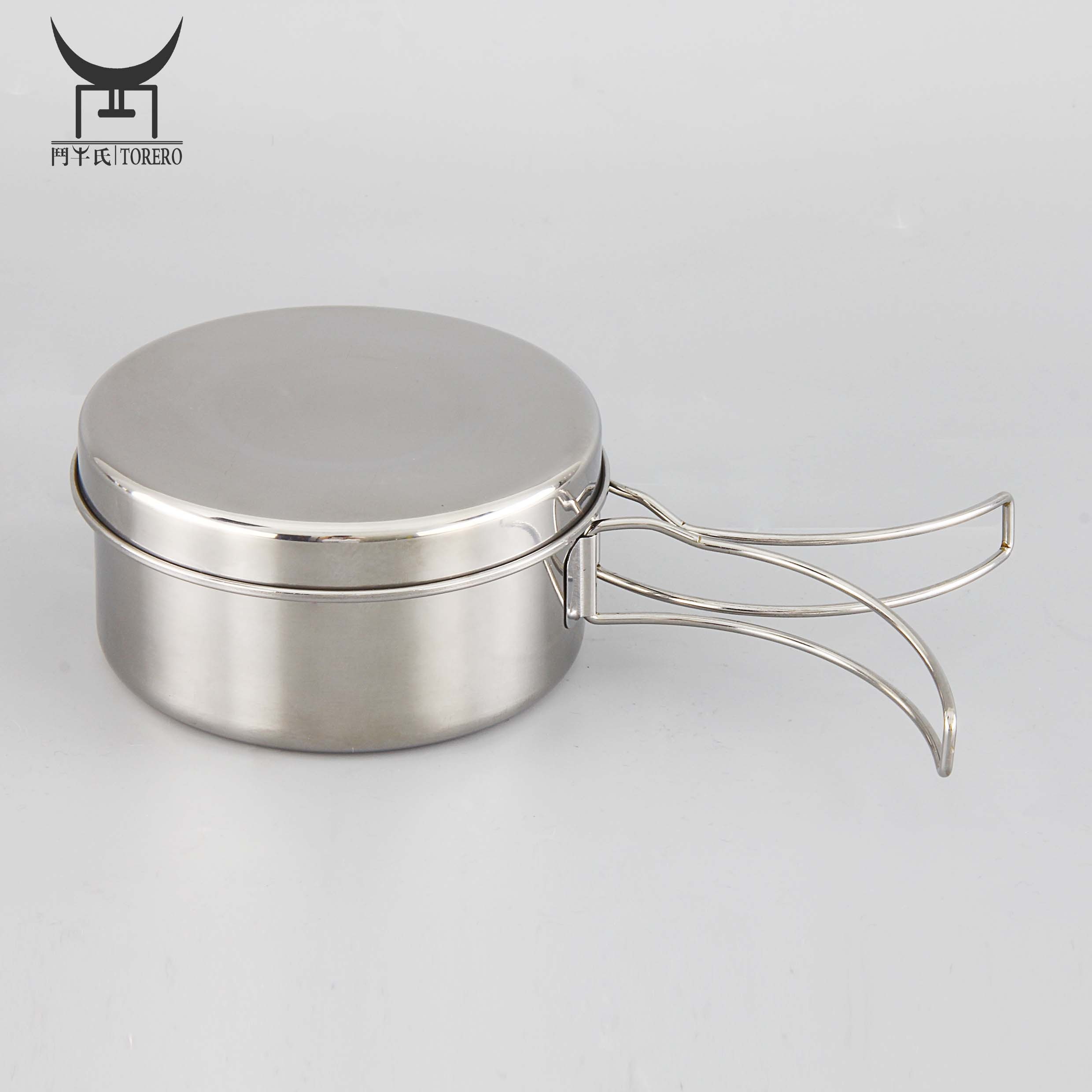 Stainless steel outdoor camping pot with folding handle travel mess kit pots camping cookware set