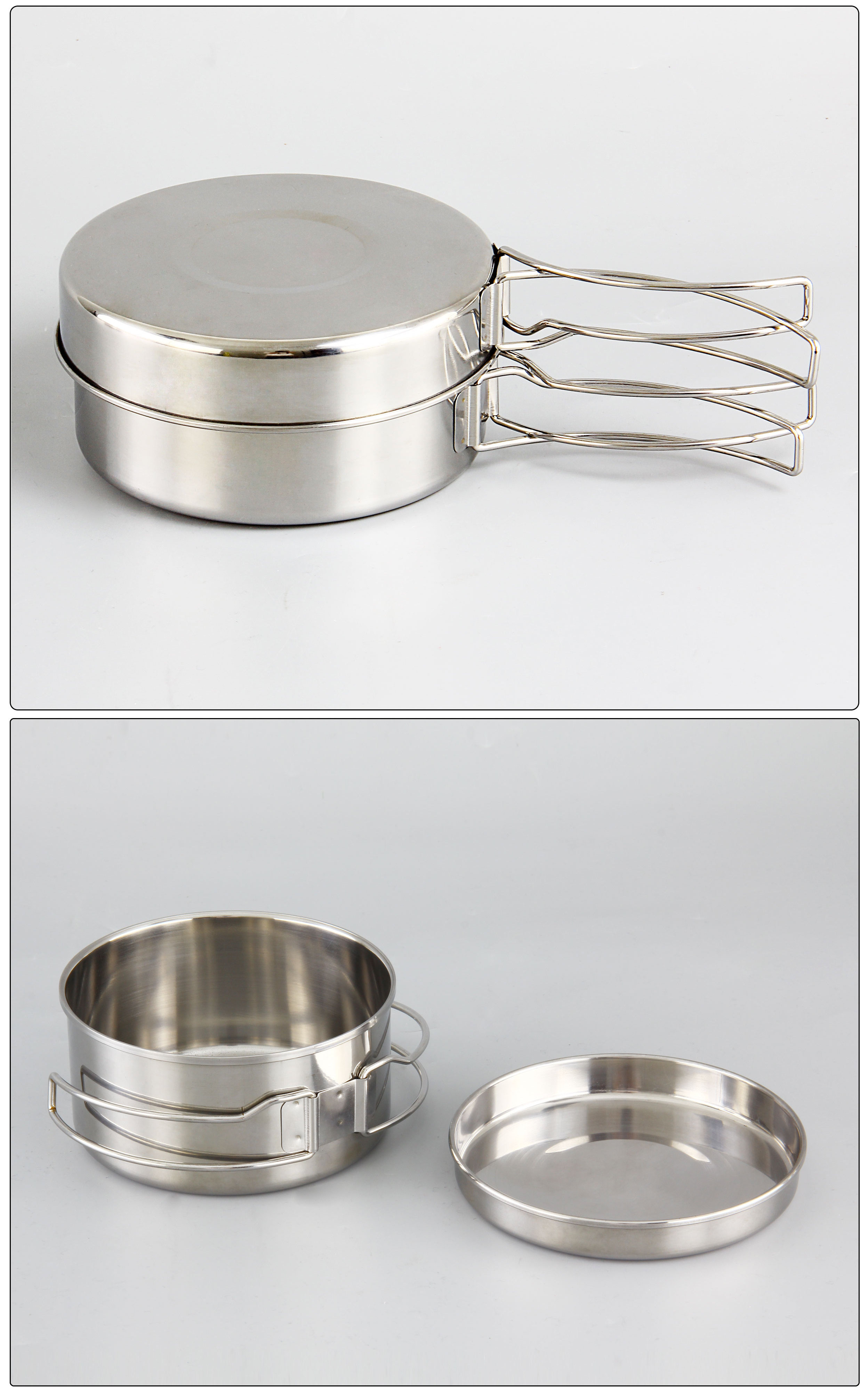 Stainless steel outdoor camping pot with folding handle travel mess kit pots camping cookware set