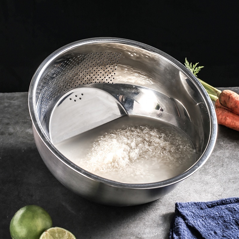 Vegetable fruit rice washing bowl with drainer cooking utensil stainless steel rice strainer colander