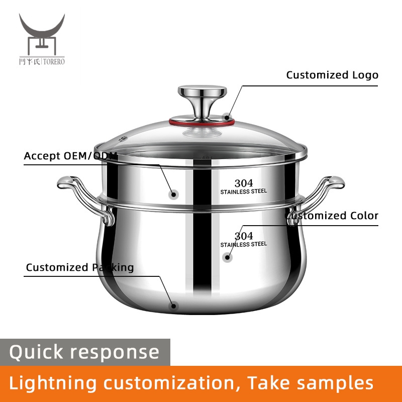 304 Stainless Steel Soup Pot With Steamer And Glass Lid Pasta Cooker Multi-function Cookpot Double Boiler Pot Kitchenware