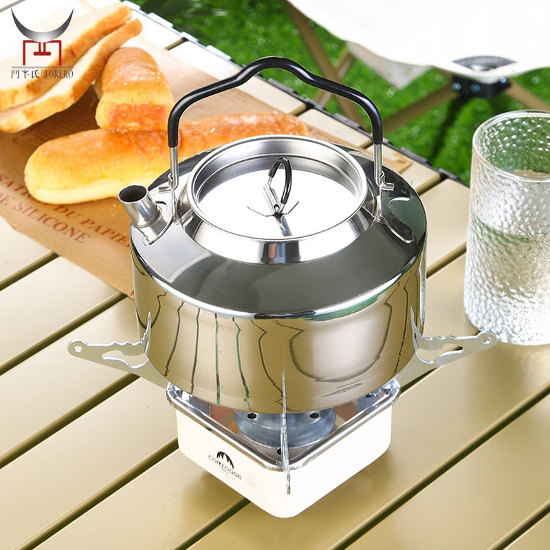 304 Stainless steel outdoor tea kettle portable camping teapot with Anti-scalding handle and lid hiking coffee pot kettle