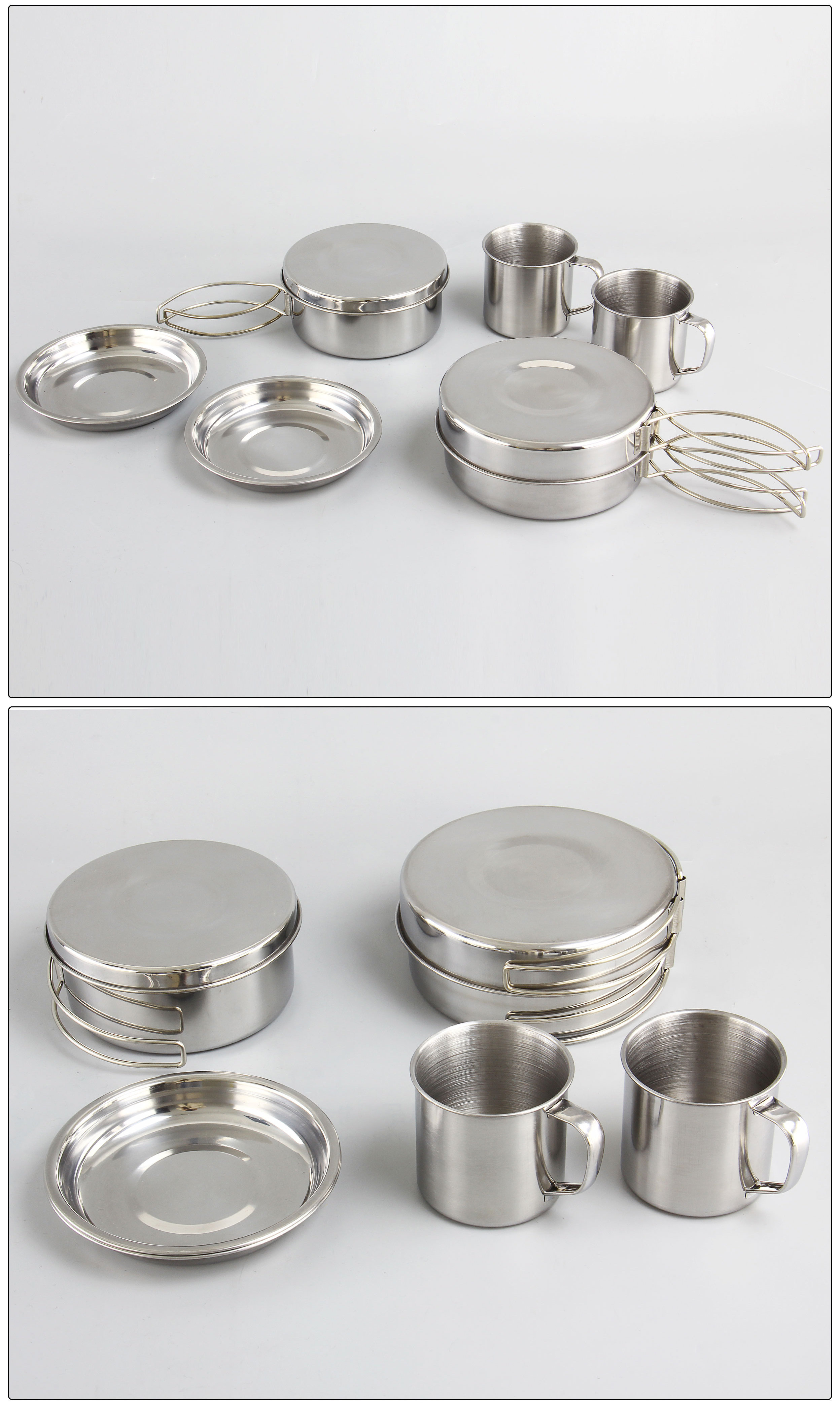 Stainless steel camping pot mess kit 8 pcs outdoor tableware cookware set stainless steel cup tray portable folded