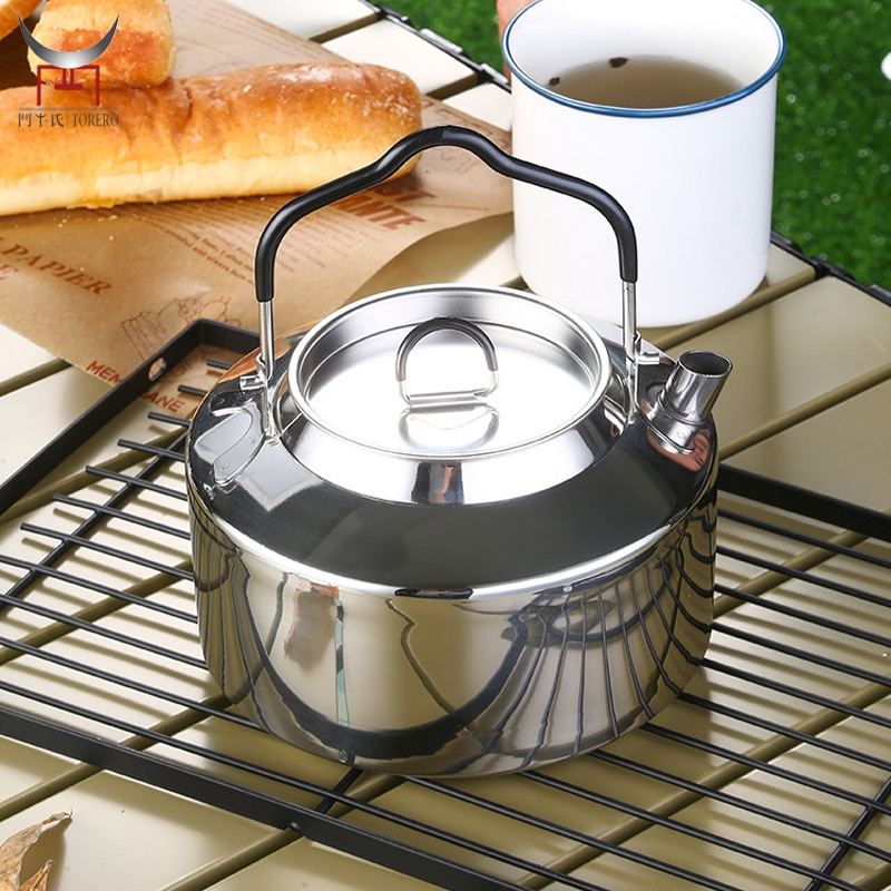 304 Stainless steel outdoor tea kettle portable camping teapot with Anti-scalding handle and lid hiking coffee pot kettle