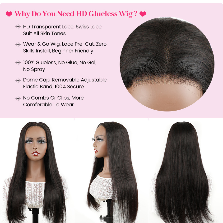 ISEE 100% No Glue Ready To Go Wigs HD Swiss Lace Closure Human Hair Wigs For Black Women Dome Cap Real Glueless Wear And Go Wigs