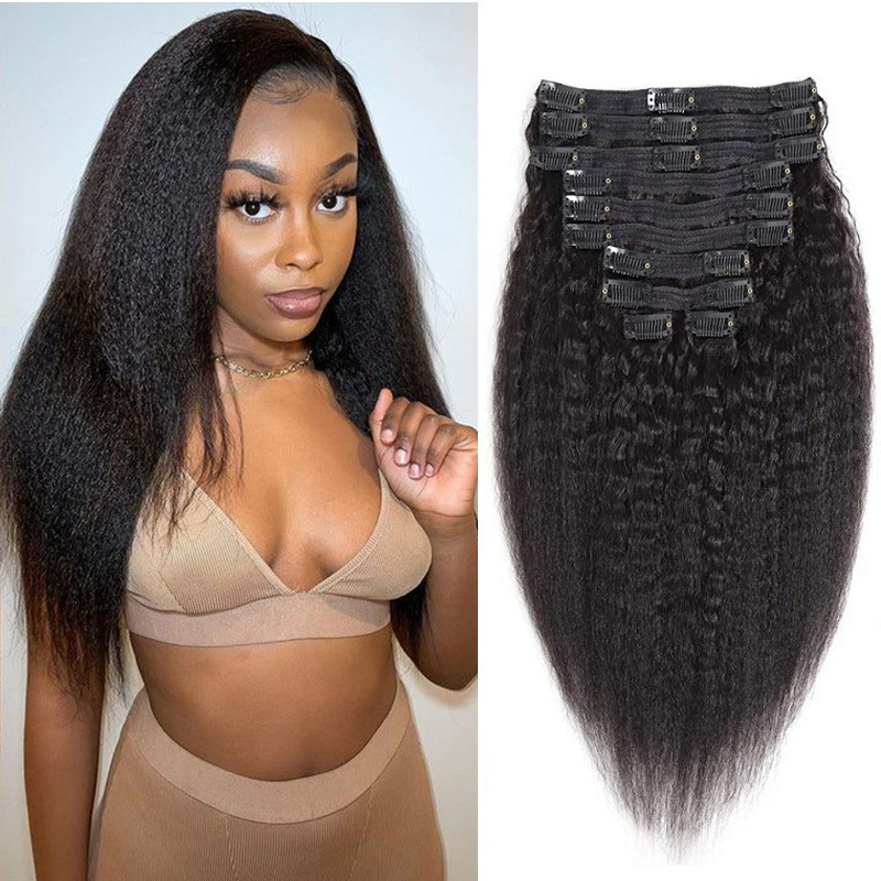 ISEE Light Yaki Straight Clip In Human Hair Extensions For Black Women Kinky Hair Clip Ins Virgin Natural Hair 100G 7 Pieces/Set