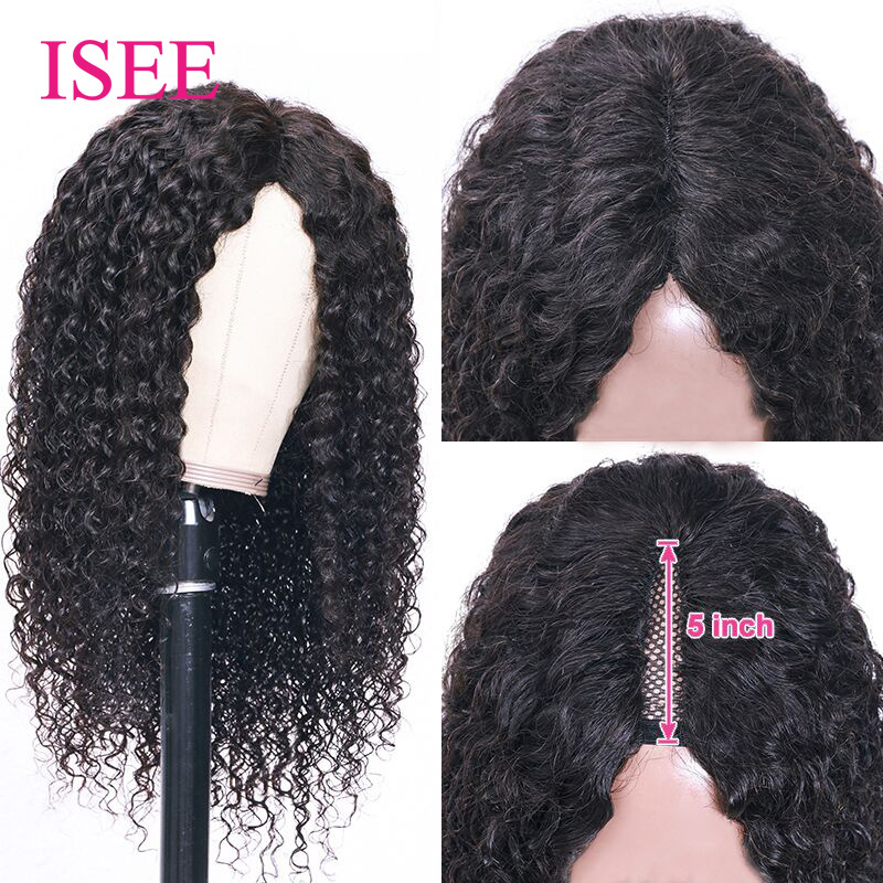 V Part Wig Human Hair No Leave Out Thin Part Glueless Brazilian Remy Curly Human Hair Wigs For Women V Shape Kinky Curly Wig