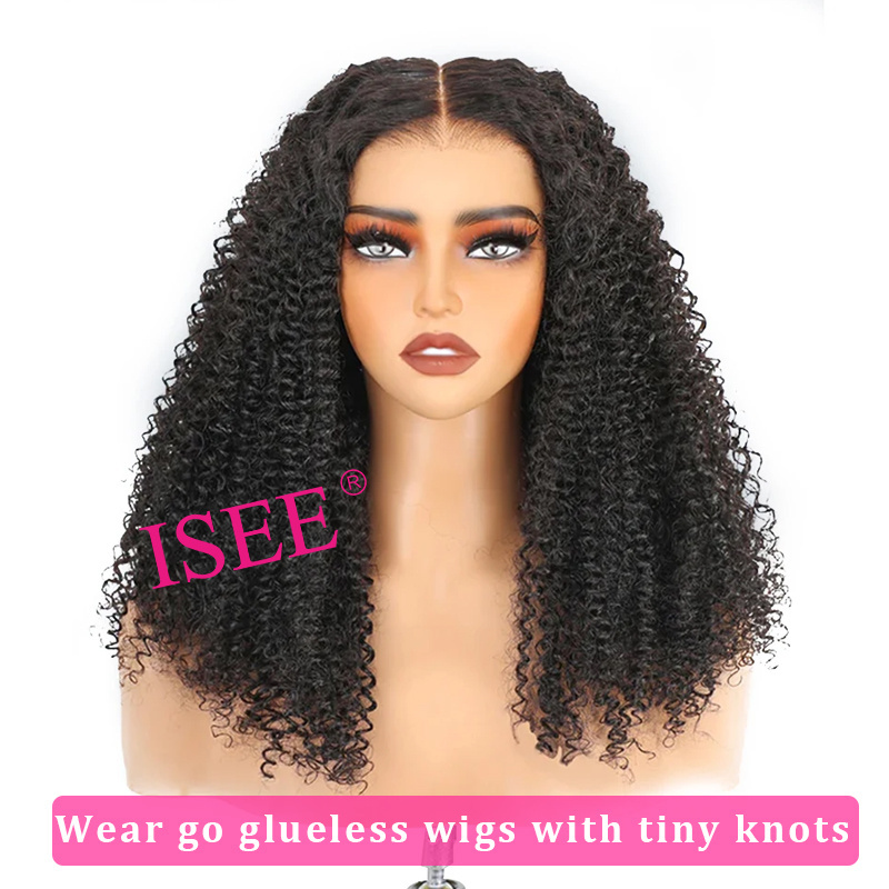 ISEE Cheap Bleached Knots Wear Go Glueless Wig Mongolian Kinky Curly HD Lace Hair Wigs Pre Cut Lace Pre Plucked Hairline Wig