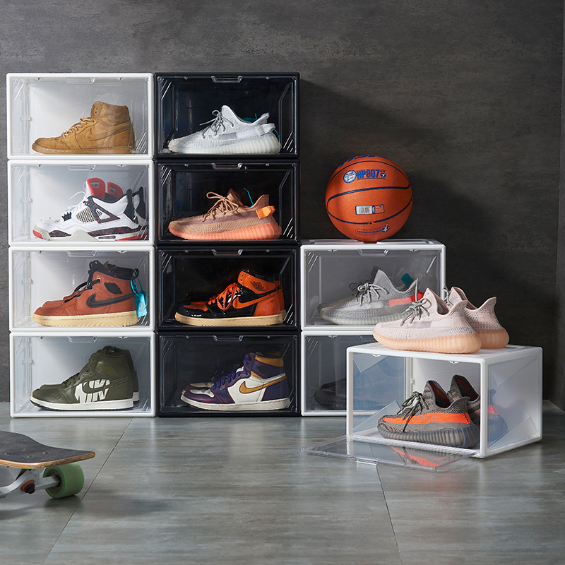 2021 New Magnetic Plastic Shoe Box Transparent Open Side Open Household Stacked Storage Shoe Rack