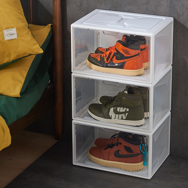 2021 New Magnetic Plastic Shoe Box Transparent Open Side Open Household Stacked Storage Shoe Rack