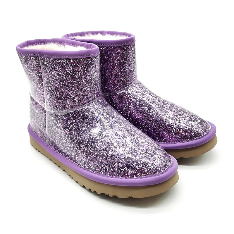 Ankle high sparkly glitter dazzling  sheep skin fur snow anti water winter faux fur women's boots