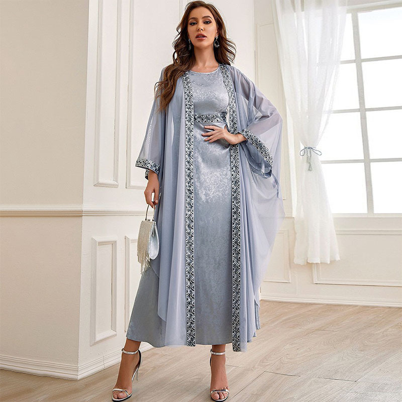 Custom Muslim Round Neck High Waist A Line Skirt Plus Size Dubai Robe 2 pcs Turkish Dress Islamic Clothing Wholesale