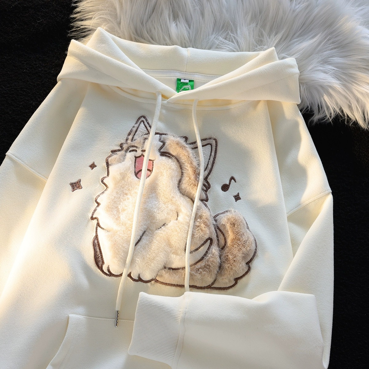 2023 New Design Winter Plush Embroidered Loose Versatile Fleece Women Hoodie kitty pet pattern overcoat