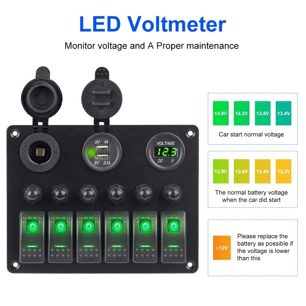 Marine Boat Car 6 Gang ON-Off Waterproof Rocker Switch Panel with12V/24V Circuit Breaker LED Voltmeter