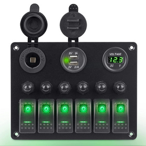 Marine Boat Car 6 Gang ON-Off Waterproof Rocker Switch Panel with12V/24V Circuit Breaker LED Voltmeter