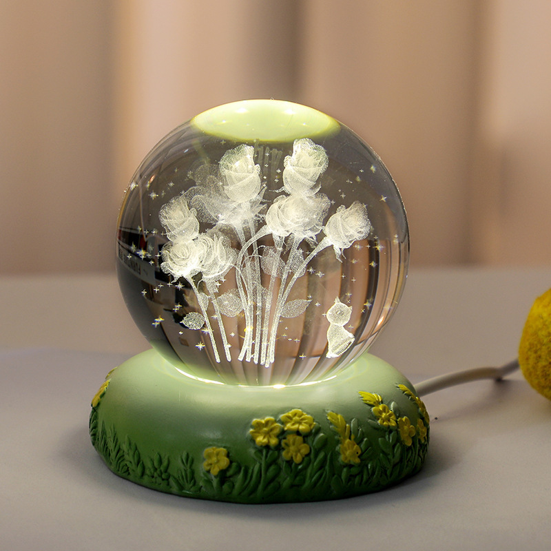 Ornaments 3D crystal ball rose carnation flower crystal ball night light with luminous base glass ball