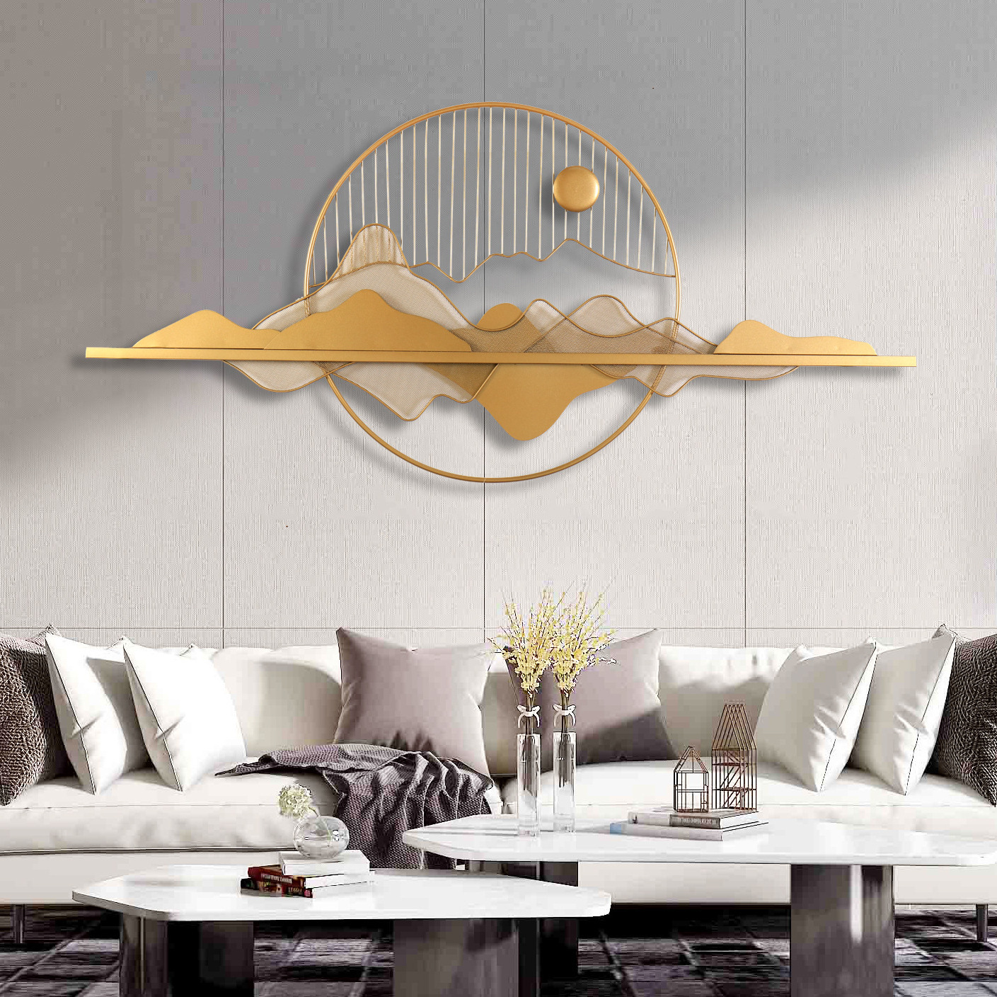 Custom Light Luxury Style 3D Metal Wall Art Creative Handmade Cloud And Moon With Gold Round Frame Wall Hanging