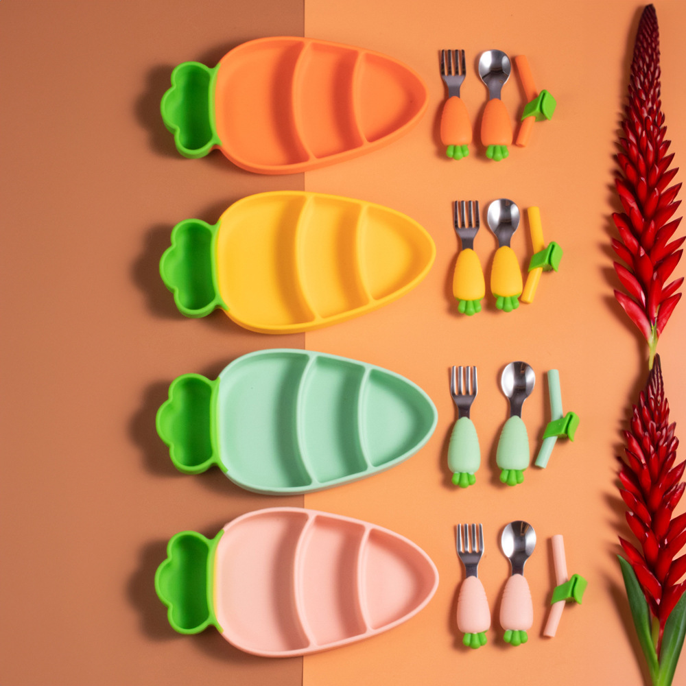 Baby Stainless Steel Spoon Fork Silicone Dinner Plate Set Carrot Shape Stainless Steel Baby Spoon and Fork Set