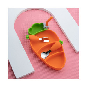 Baby Stainless Steel Spoon Fork Silicone Dinner Plate Set Carrot Shape Stainless Steel Baby Spoon and Fork Set