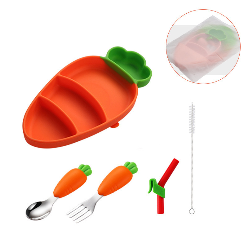 Baby Stainless Steel Spoon Fork Silicone Dinner Plate Set Carrot Shape Stainless Steel Baby Spoon and Fork Set