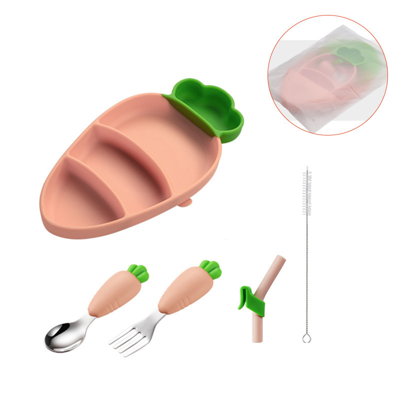 Baby Stainless Steel Spoon Fork Silicone Dinner Plate Set Carrot Shape Stainless Steel Baby Spoon and Fork Set