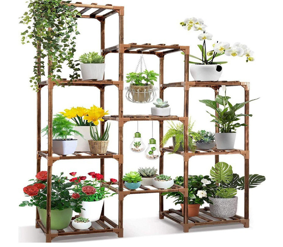 Storage Rack Decoration Plant Stands For Indoor Outdoor Bamboo Wood Holder Tall Multi Tiered Plants Shelf