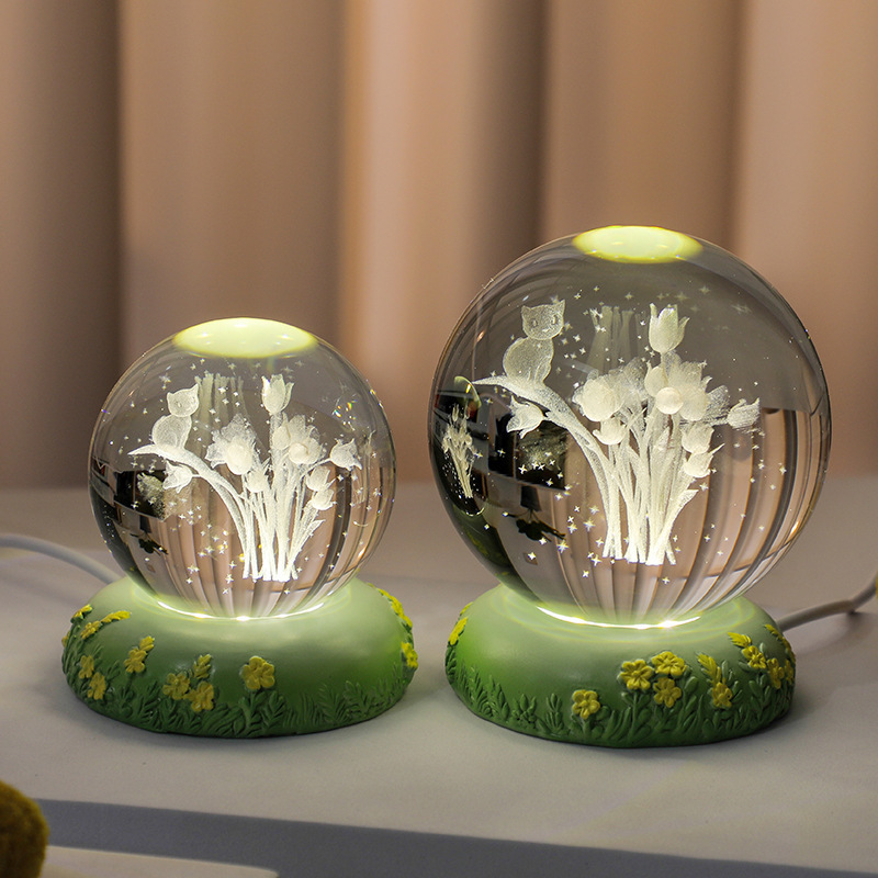 Ornaments 3D crystal ball rose carnation flower crystal ball night light with luminous base glass ball