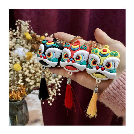 Cartoon Lion Dance Head Keychain Creative Chinese Style Lion Dance Head With Tassels PVC Soft Rubber Key Pendant