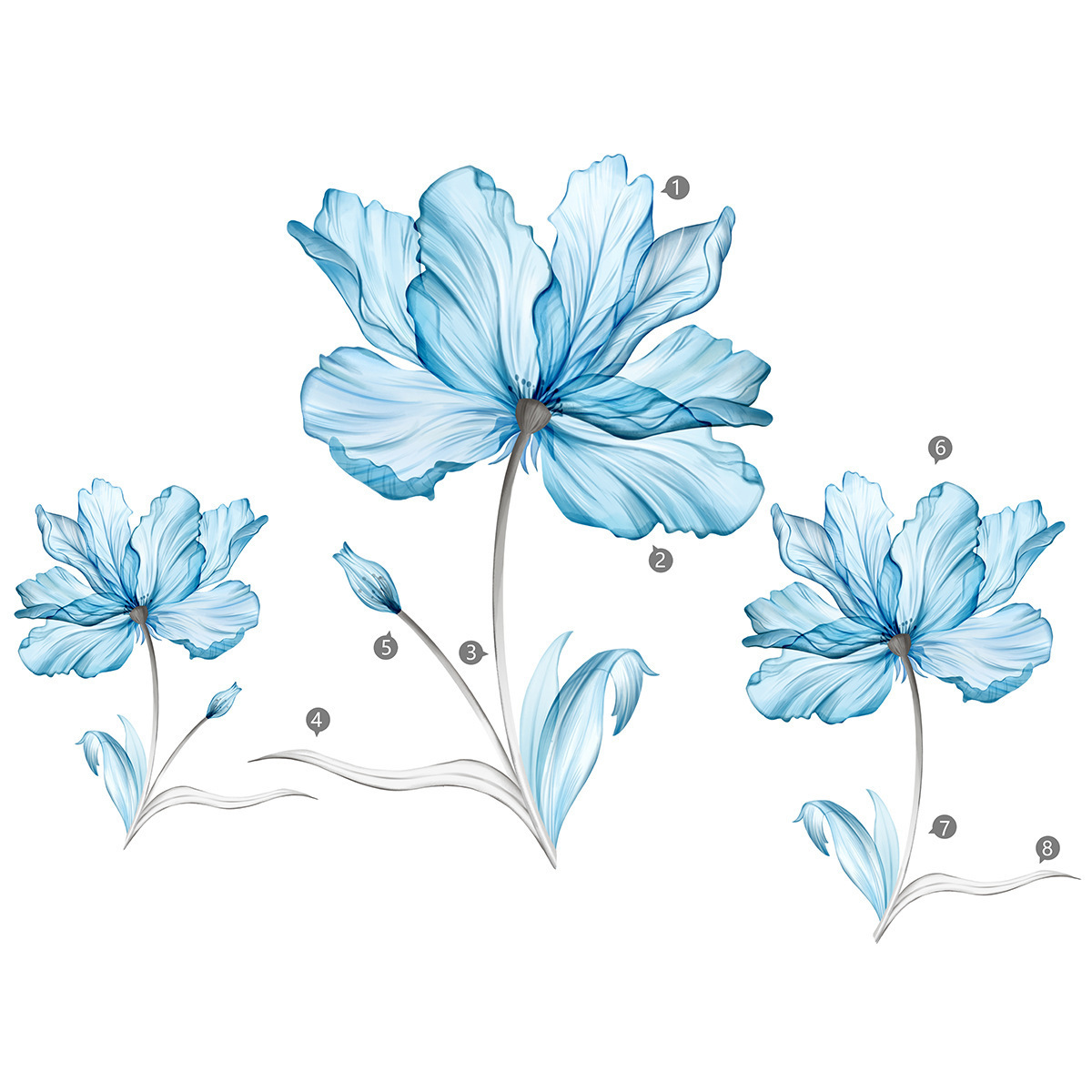 Light blue flowers Wall Sticker Creative plants and flowers Decals Living Room Decorative Wall paper