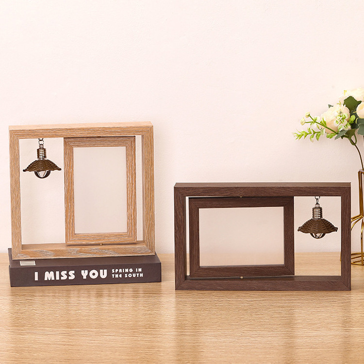 Wood Photo Frame With Light Pendant Wedding Home Decoration Custom Size Double Side Wooden Rotating Photo Frame