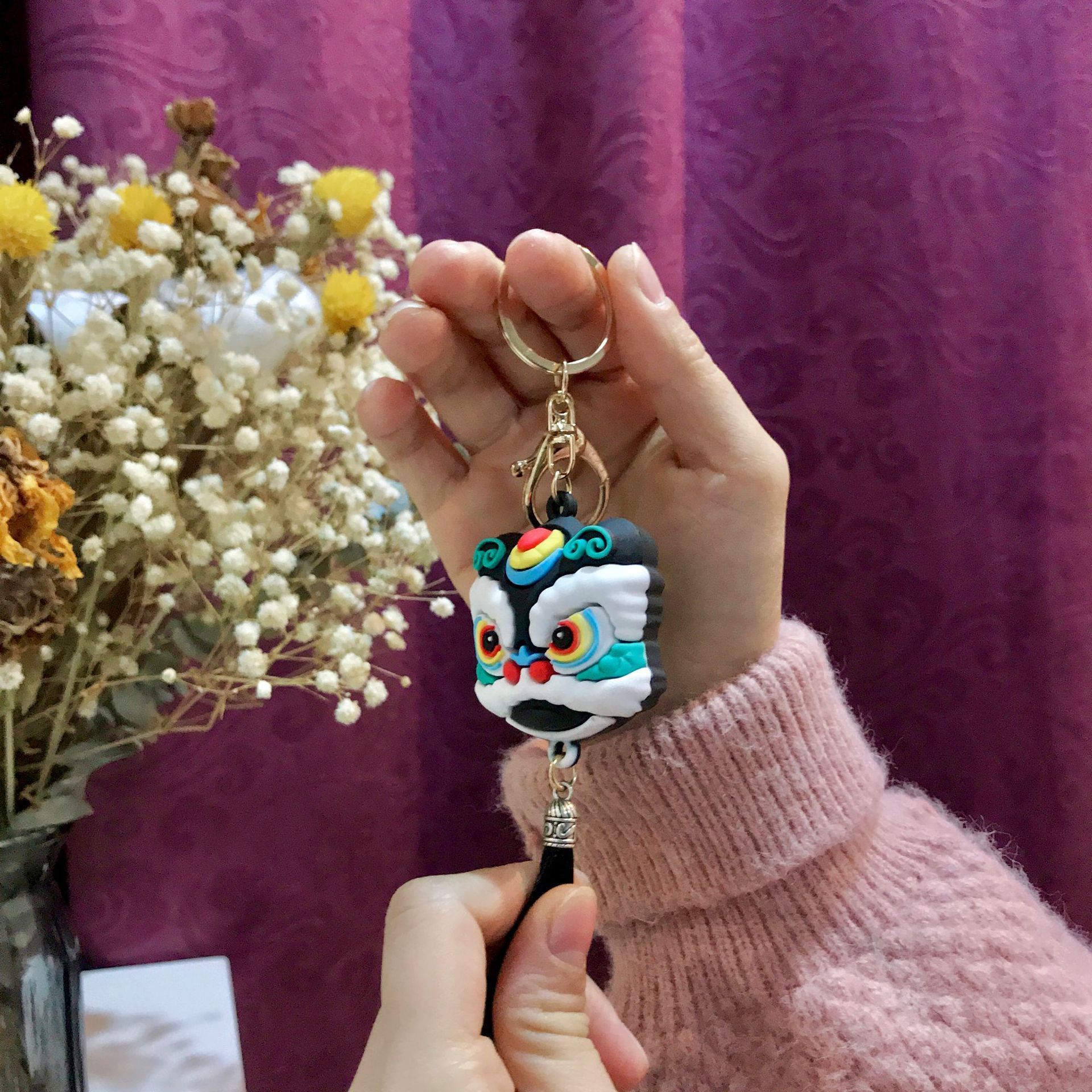 Cartoon Lion Dance Head Keychain Creative Chinese Style Lion Dance Head With Tassels PVC Soft Rubber Key Pendant