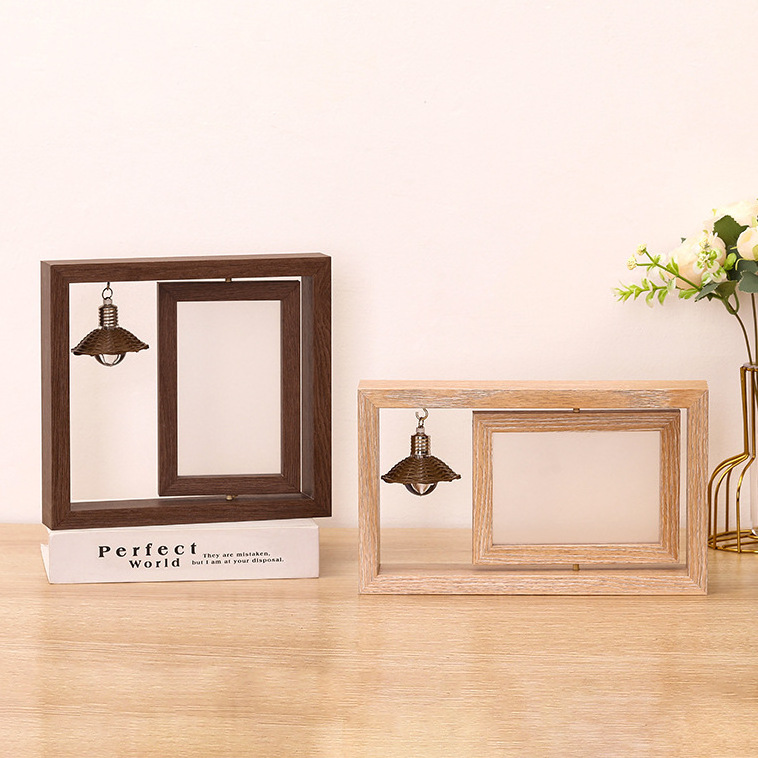 Wood Photo Frame With Light Pendant Wedding Home Decoration Custom Size Double Side Wooden Rotating Photo Frame