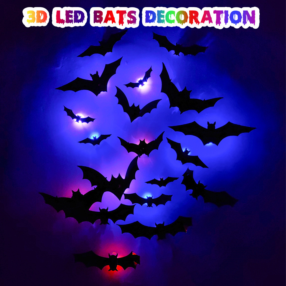 Halloween Decoration LED Bats Light Wall Decor 3D Halloween Decor Bats Sticker Light 12 Sizes Waterproof PVC Bat Stickers