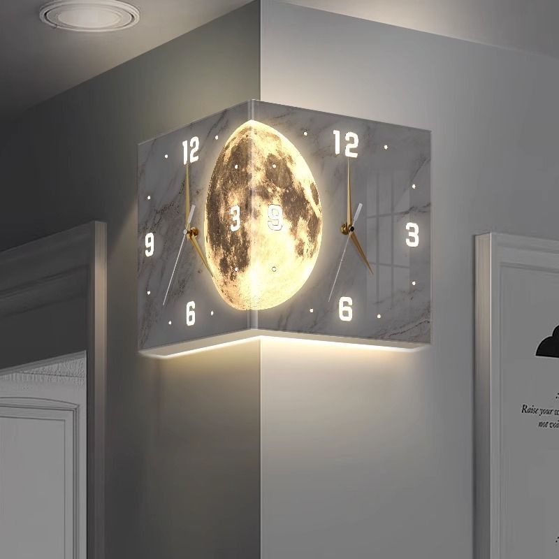 Clock Modern Induction luminous Corner Wall Clock Square Home Decoration Simple Moon Double Sided Clock