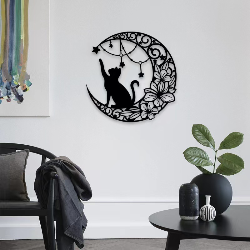 Wall murals iron black cat and moon  metal silhouette wall hanging living room sofa  wall decorations