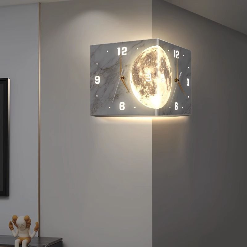 Clock Modern Induction luminous Corner Wall Clock Square Home Decoration Simple Moon Double Sided Clock