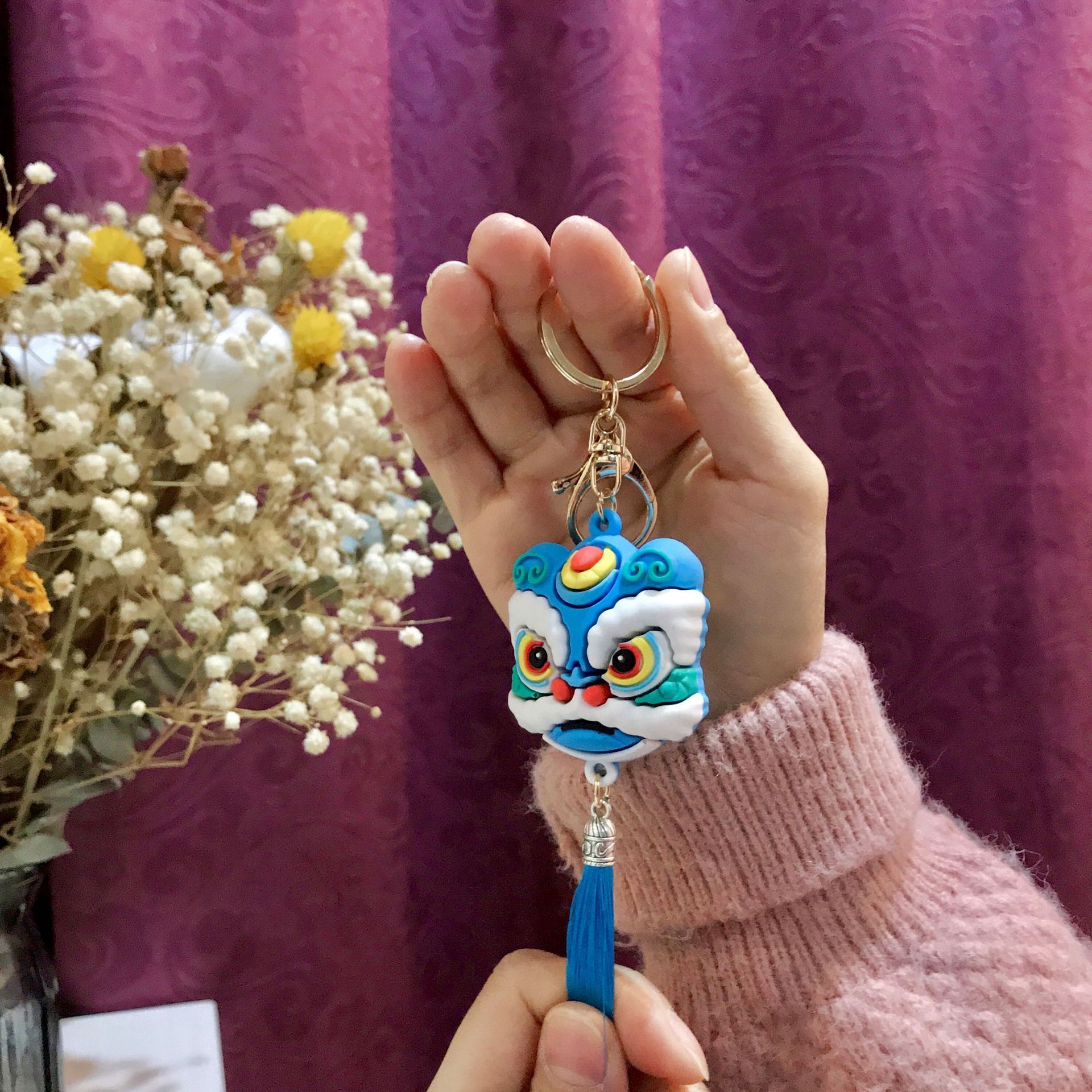 Cartoon Lion Dance Head Keychain Creative Chinese Style Lion Dance Head With Tassels PVC Soft Rubber Key Pendant