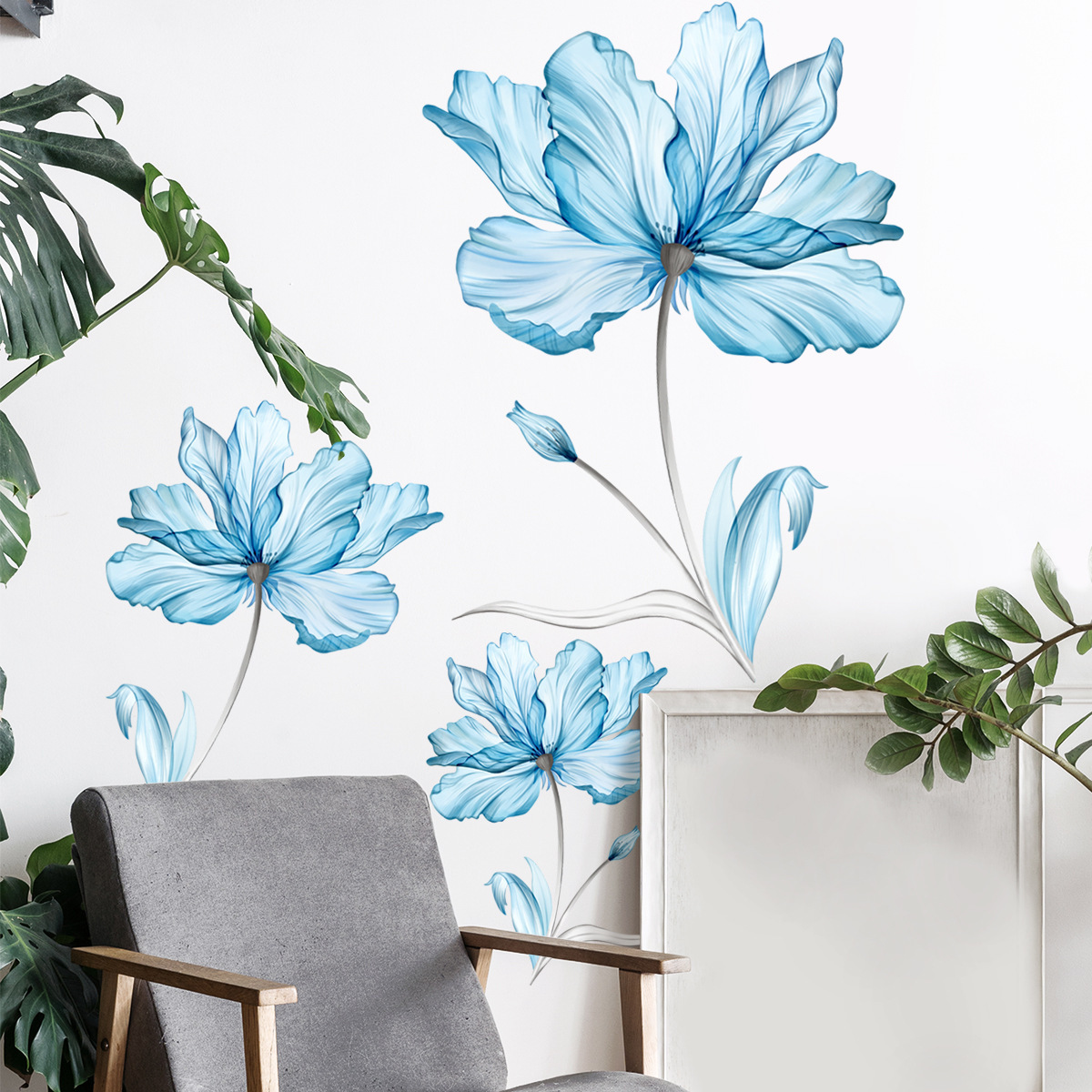 Light blue flowers Wall Sticker Creative plants and flowers Decals Living Room Decorative Wall paper