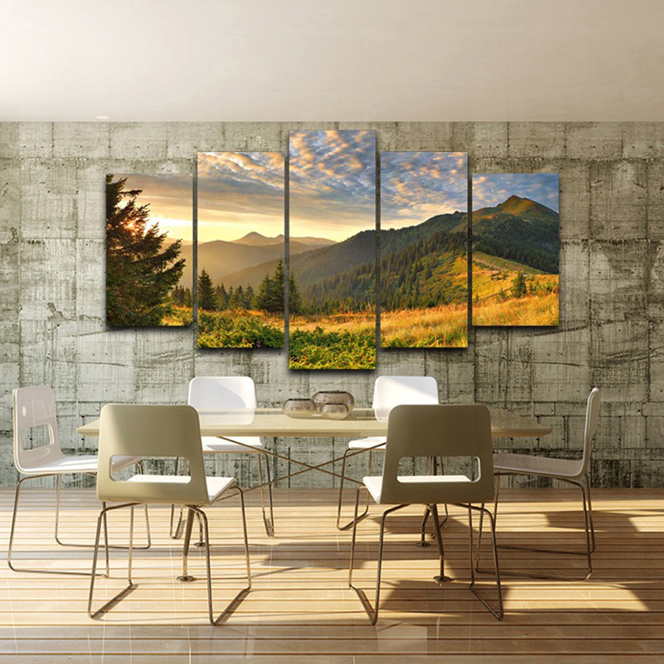 Paintings and wall art Modern high end design light luxury landscape five part mountain forest landscape canvas painting