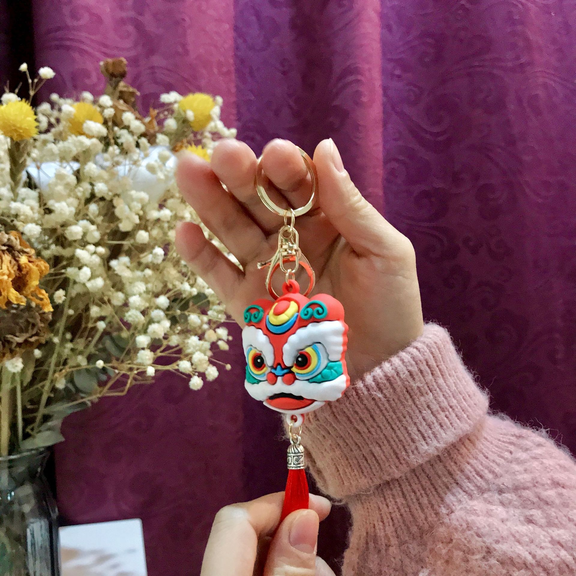 Cartoon Lion Dance Head Keychain Creative Chinese Style Lion Dance Head With Tassels PVC Soft Rubber Key Pendant