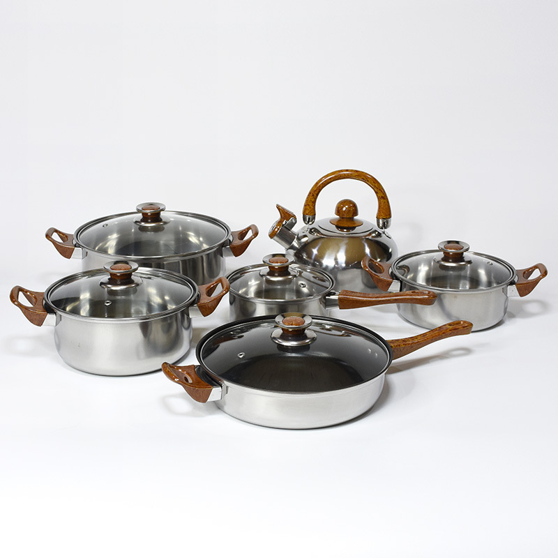 Stainless steel 12-piece set pot wood grain handle kettle pot combination kitchen cooking non-stick cookware set