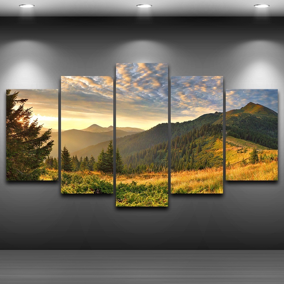 Paintings and wall art Modern high end design light luxury landscape five part mountain forest landscape canvas painting