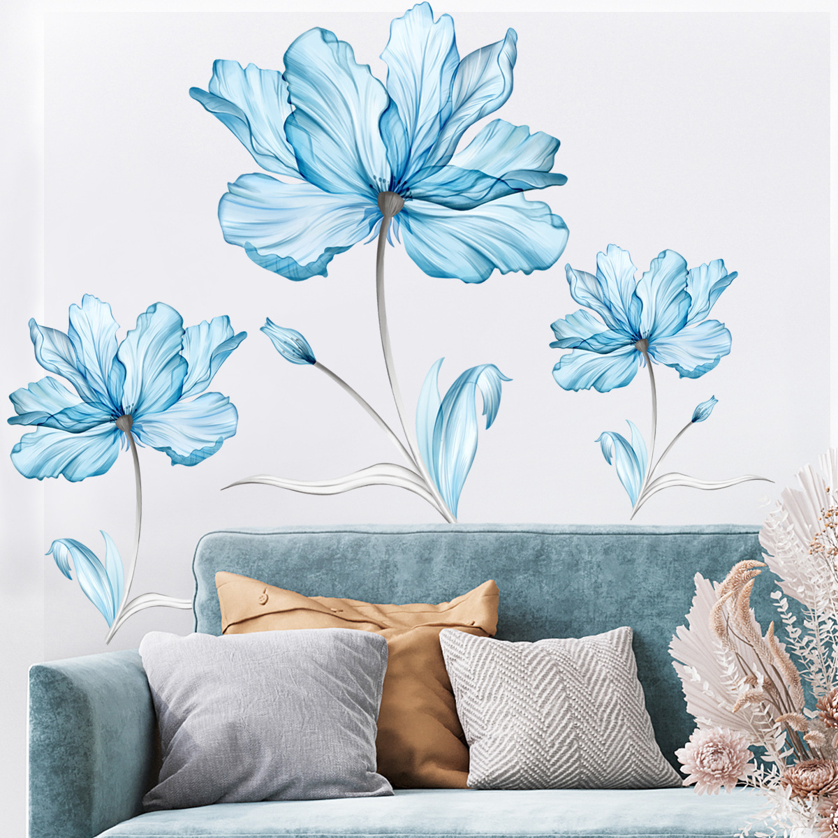 Light blue flowers Wall Sticker Creative plants and flowers Decals Living Room Decorative Wall paper