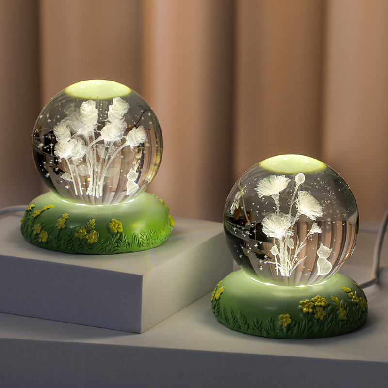 Ornaments 3D crystal ball rose carnation flower crystal ball night light with luminous base glass ball