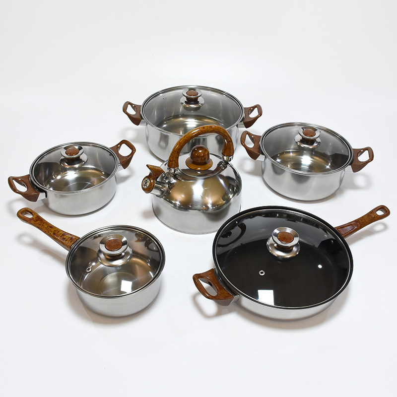 Stainless steel 12-piece set pot wood grain handle kettle pot combination kitchen cooking non-stick cookware set