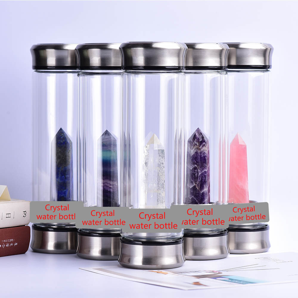 Natural crystal column energy stone Double insulation glass water bottle customized tea cup wholesale