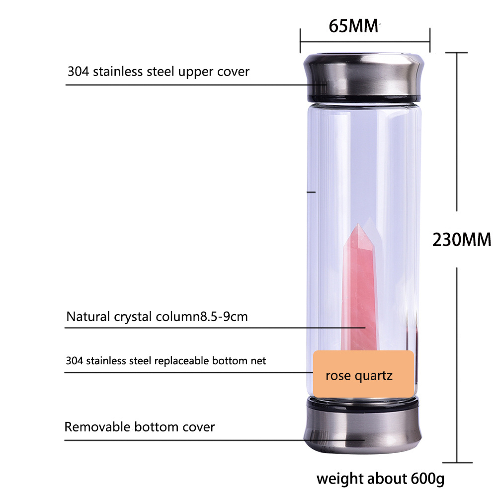 Natural crystal column energy stone Double insulation glass water bottle customized tea cup wholesale